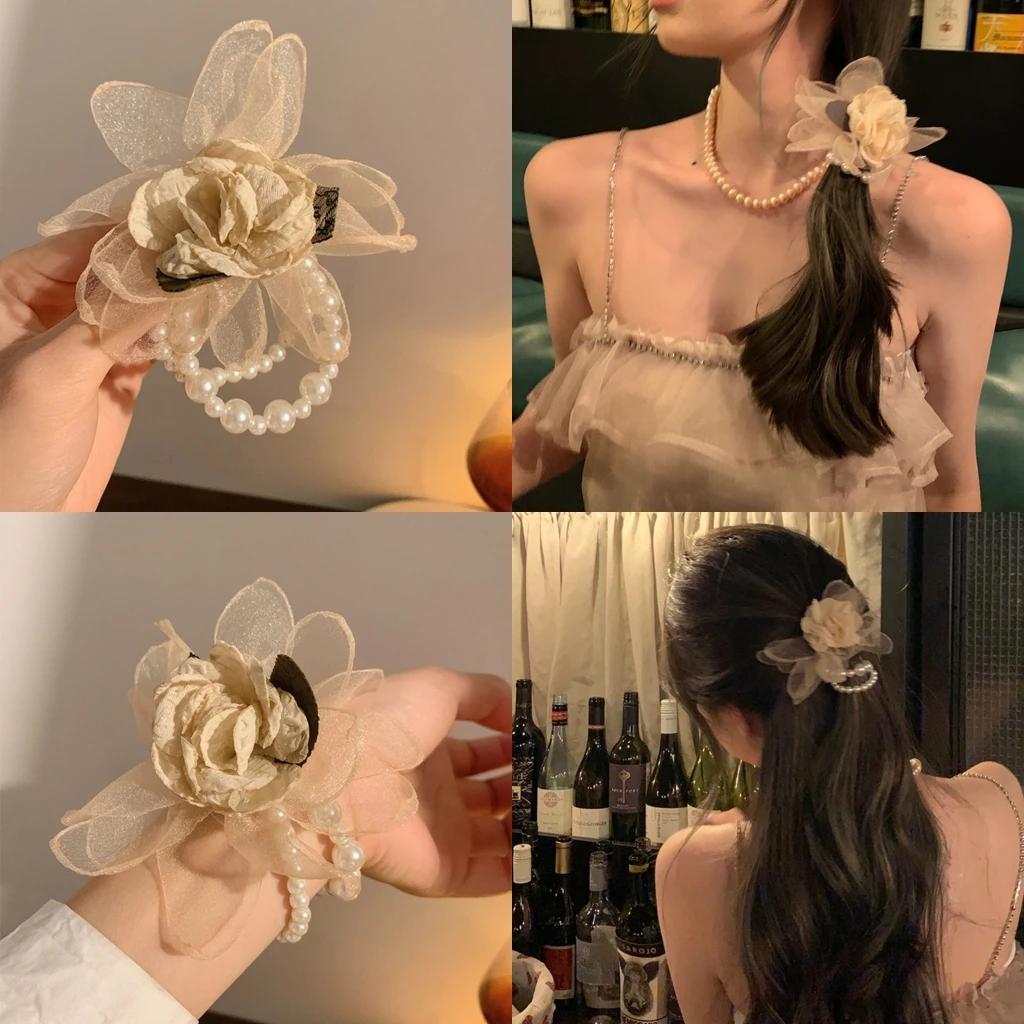 非金属布艺发饰 魔丽少女干枯玫瑰花朵珍珠发绳手腕花高级感发圈