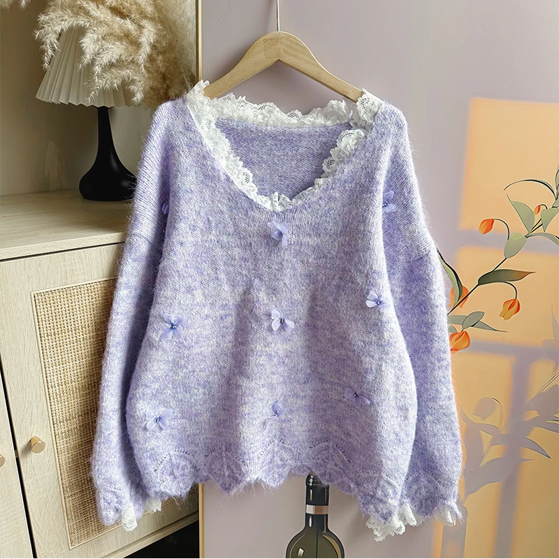 韩系温柔秋冬新款软糯紫色蝴蝶毛衣女高级感蕾丝拼接漂亮内搭上衣
