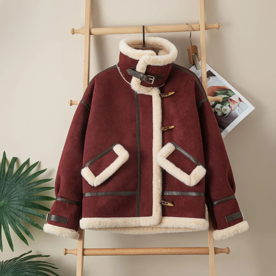 秋冬厚外套加厚皮毛一体机车服外套时尚拼接百搭宽松机车服ZQ