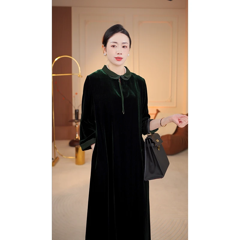 【JIA YI】新款中式复古真丝丝绒气质蚕丝连衣裙QXX249-8037