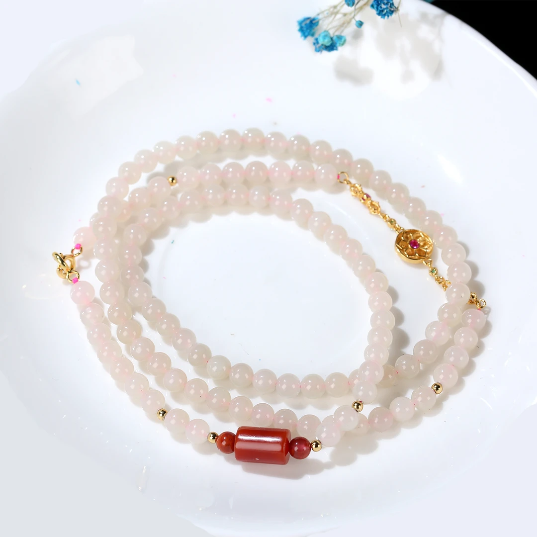 H【麦子家族】天然和田玉S925银藕粉DIY多圈项链精致百搭D0442