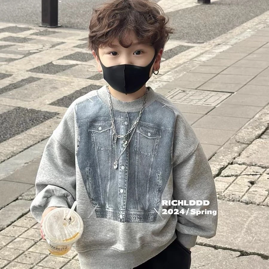 男童牛仔印花新款春秋印花圆领韩版爆款儿童卫衣小童帅气洋气男孩