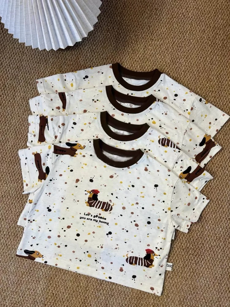 24夏季女宝纯棉新款洋气女童卡通满印斑点小狗短袖圆领儿童上衣