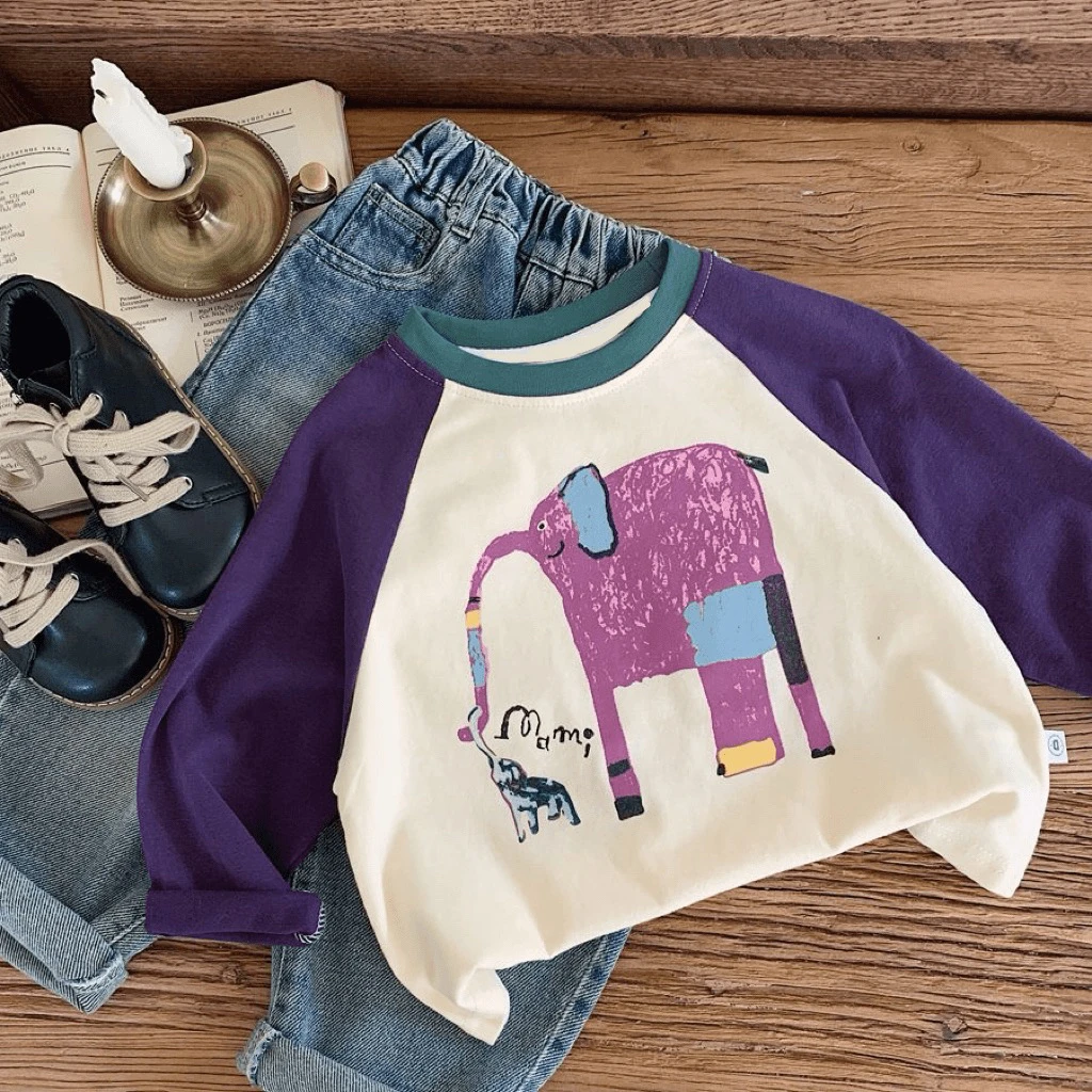 儿童春秋棉男童圆领洋气插肩袖打底衫柔软宝宝中童拼色长袖上衣