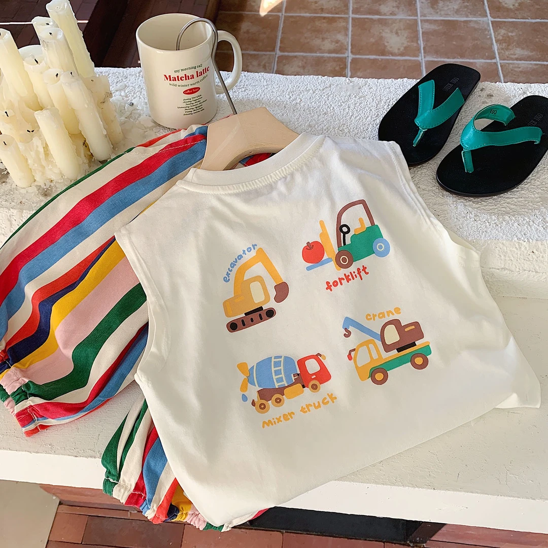 2024夏季新款儿童坎袖背心男童挖掘机印花无袖T恤小童宝宝夏装潮