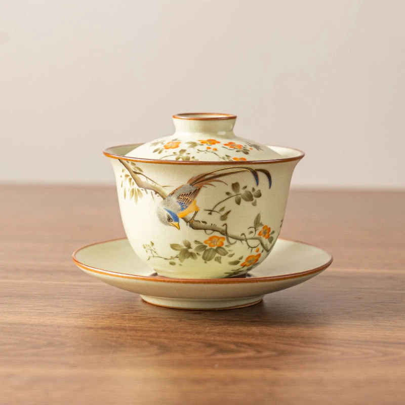 汝窑喜鹊登枝三才盖碗无水悬停可旋转中式高端盖碗功夫茶具G1153
