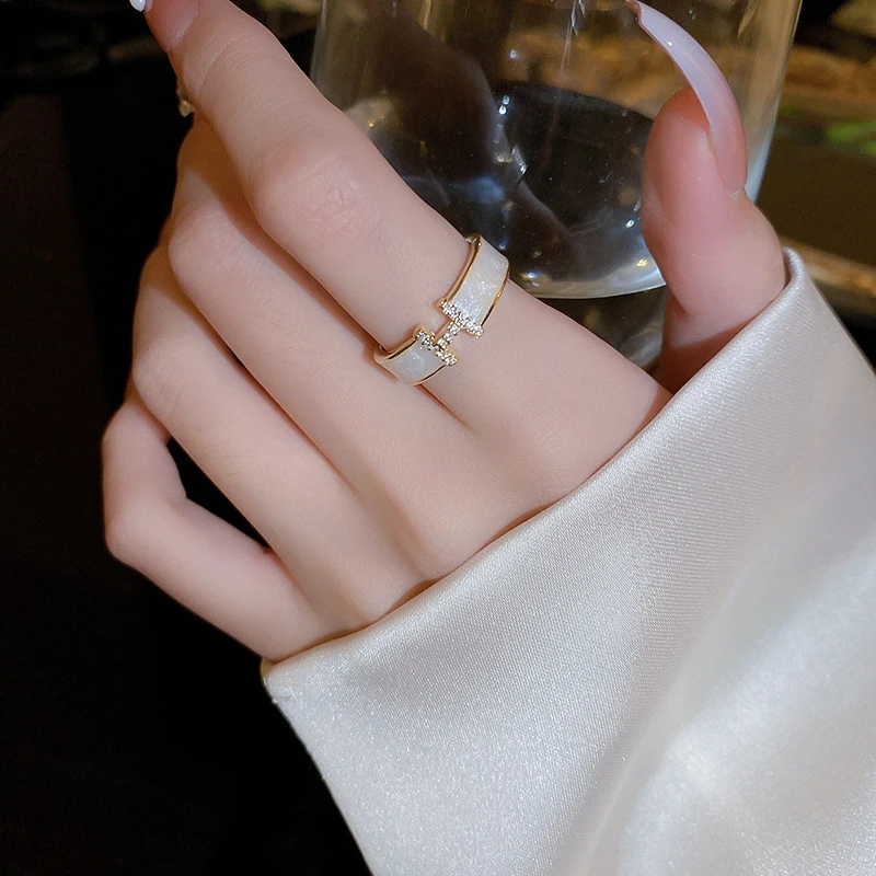 韩版H字母锆石戒指女ins小众设计感指环可调节个性戒配