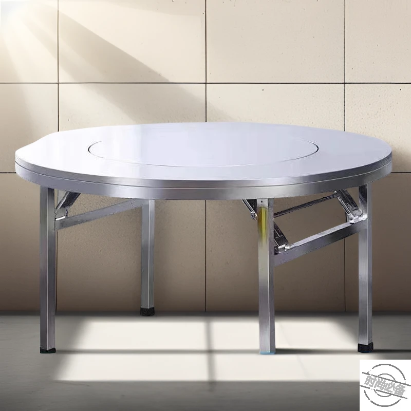 不锈钢折叠转盘圆桌户外餐饮加厚排档桌烧烤专用桌家用简约圆形桌