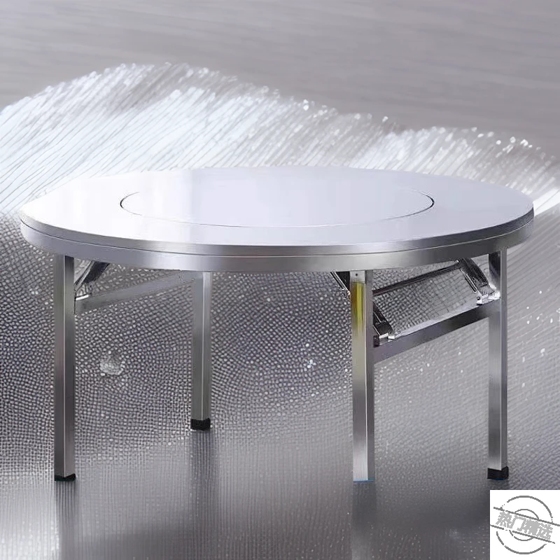 不锈钢折叠转盘圆桌加厚户外餐桌排档烧烤桌一体式内置转盘圆形桌