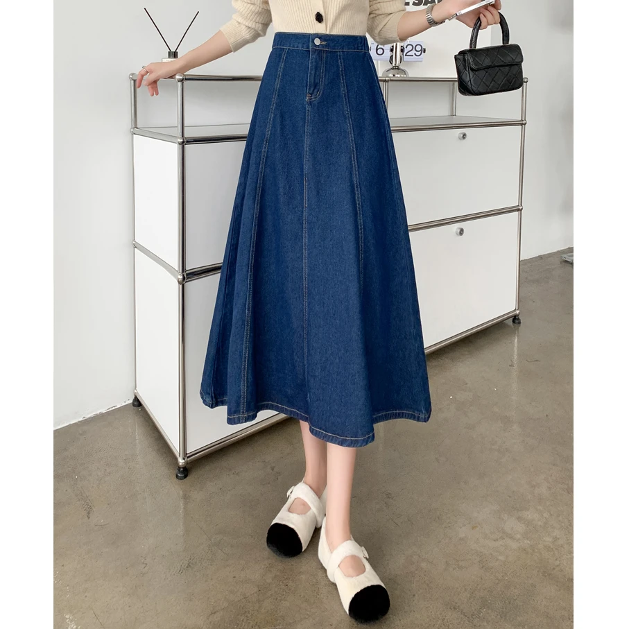 韩版百搭洋气牛仔伞裙女高腰A字裙半身裙宽松遮肉复古大摆半身裙