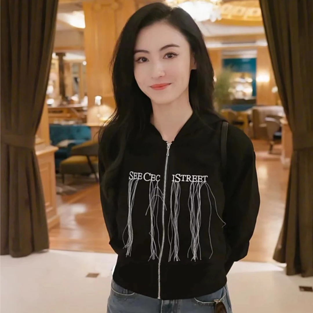 SeeCeciStreet运动拉链开衫外套潮流时尚休闲刺绣中短款连帽上衣