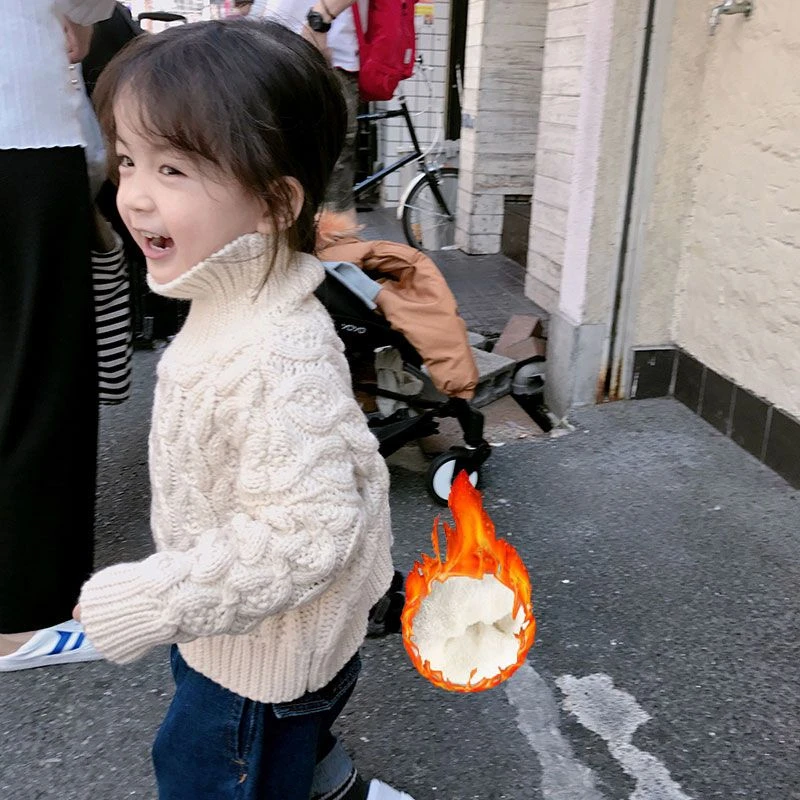 2023秋冬款女童加绒加厚翻领高领针织衫儿童时尚宝宝套头毛衣宽松