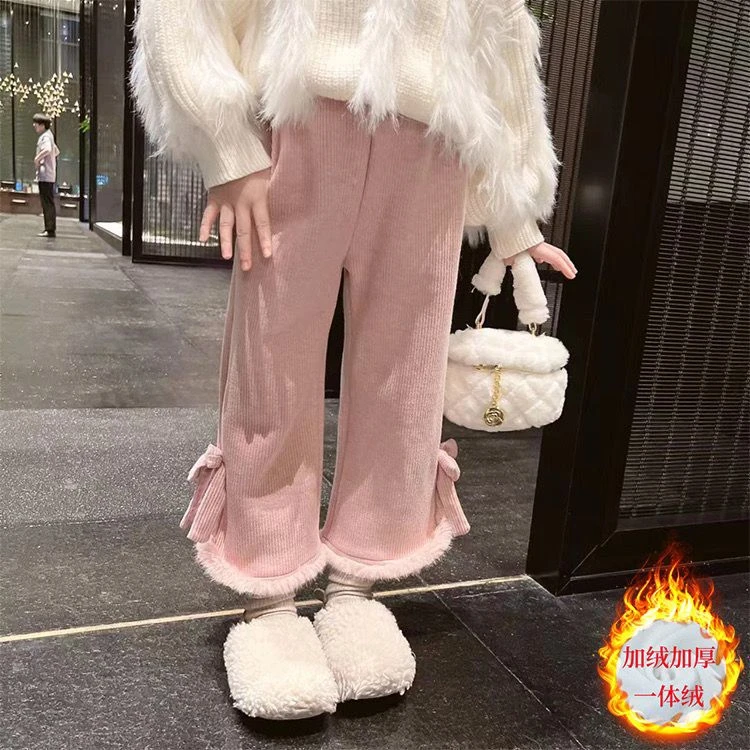 秋冬休闲裤子阔腿裤女高腰长裤直筒新款加绒加厚宽松休闲裤儿童潮