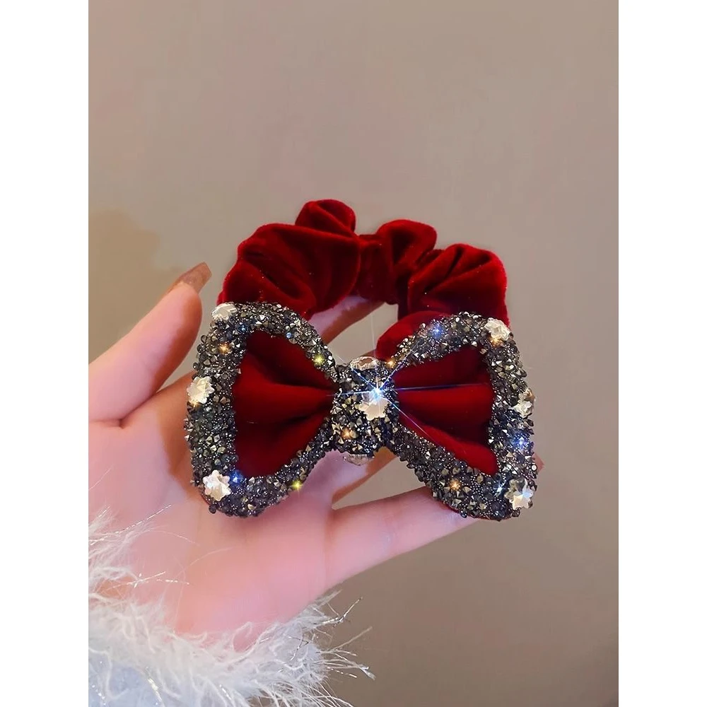 红色网红新款丝绒水钻蝴蝶结大肠扎马尾橡皮筋发圈女高J感发绳