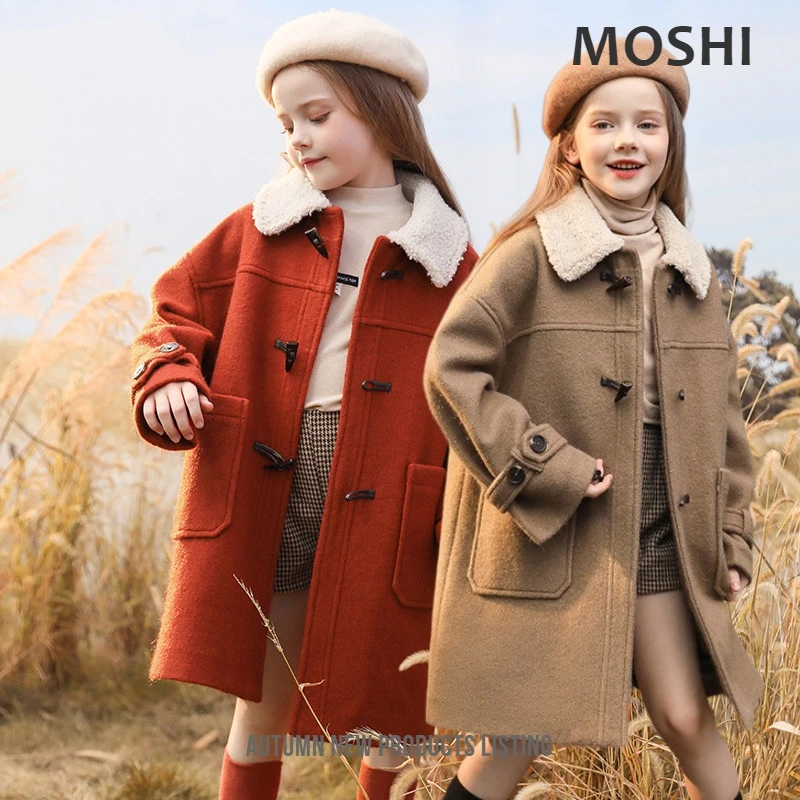 女童大衣儿童毛呢大衣2023冬装新款中大童加厚夹棉中长款呢子外套