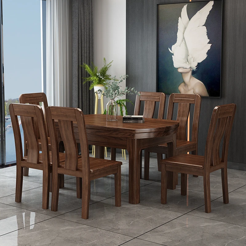 胡桃木餐桌可伸缩折叠实木餐桌椅组合方圆两用现代中式餐台圆形