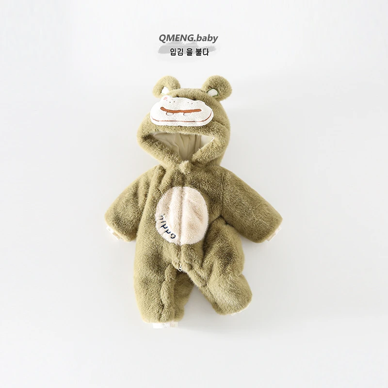 婴幼儿宝宝新生儿连帽加绒加厚保暖冬款秋冬毛毛衣爬服哈衣连体