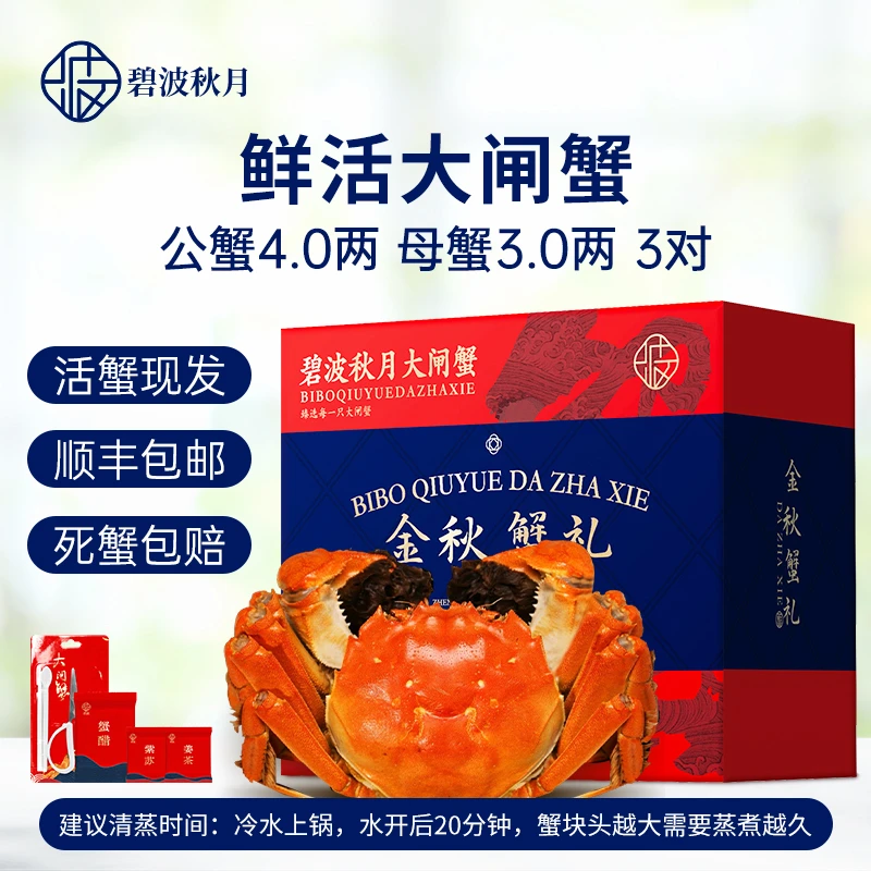 【活蟹】碧波秋月大闸蟹活蟹 公蟹4.0两母蟹3.0两 3对6只 礼盒包装