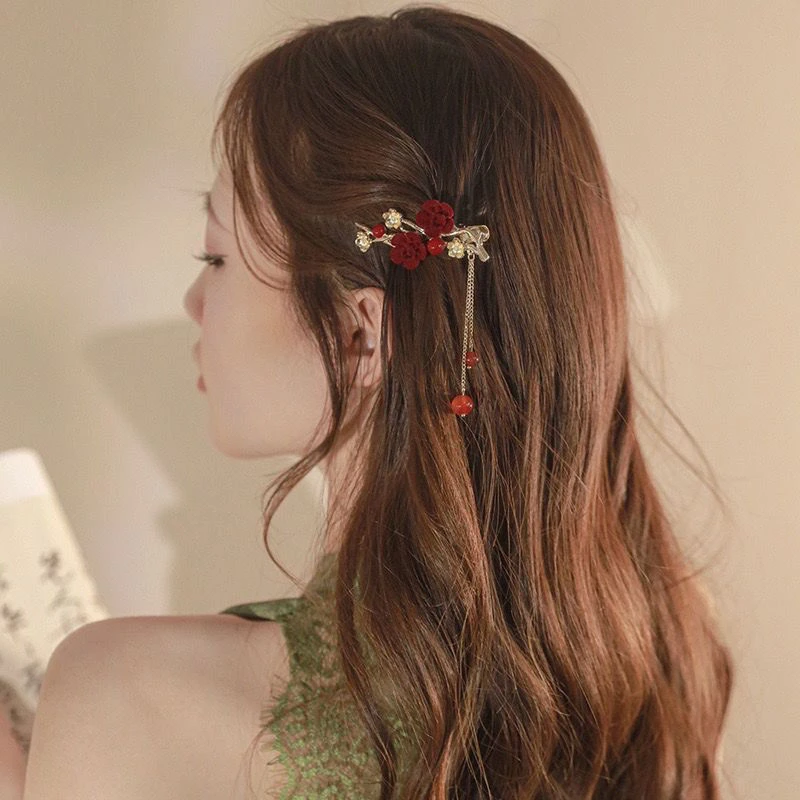 气质中国风梅花流苏侧边夹发夹后脑勺夹子红色新娘旗袍敬酒服头饰