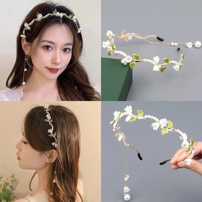 气质铃兰花珍珠发箍仙女流苏挂耳头箍高级感森系花朵压发发卡头饰