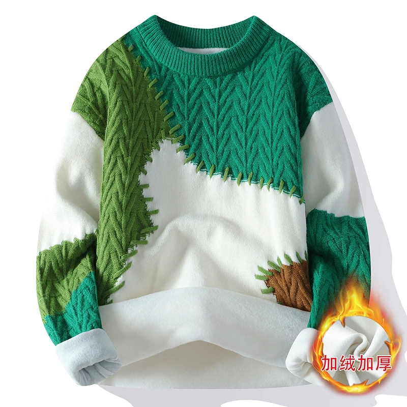 秋冬新款青少年学生潮流保暖撞色加厚休闲宽松套头圆领毛衣男外套