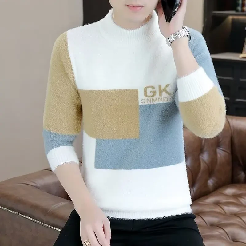 不起球双面绒毛衣男生秋冬季新款半高领加厚一体绒针织打底衫线衣