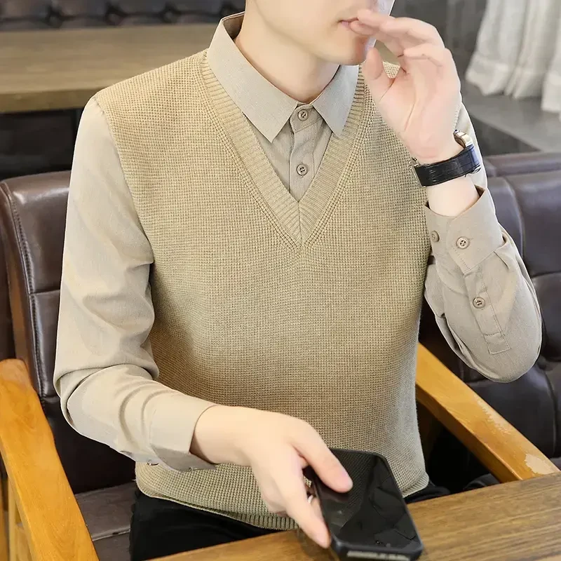 高档假两件毛衣男士衬衫领打底衫秋冬新款时尚百搭青年帅气男上衣