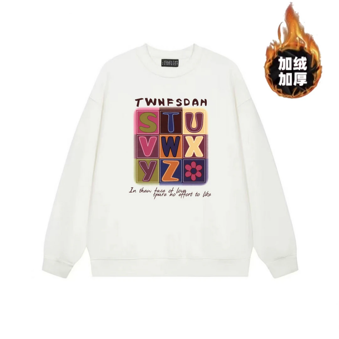 樾雅秋冬银狐绒卫衣新款潮牌青年加绒加厚圆领休闲-卡通字母