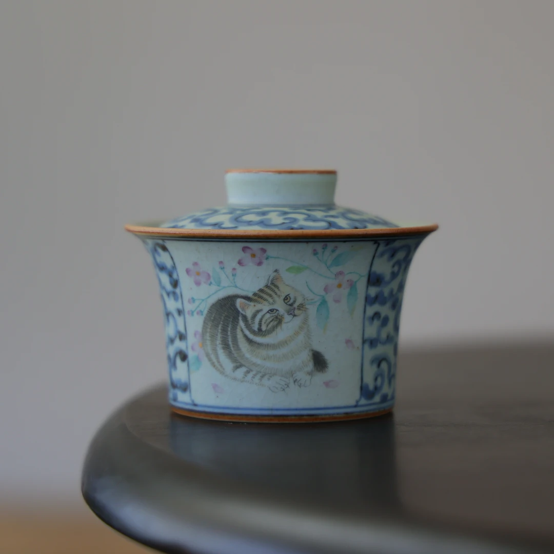 【朴云堂】祥云斗彩猫咪马蹄盖碗 PY248 满容125ml 中式纯手工手绘