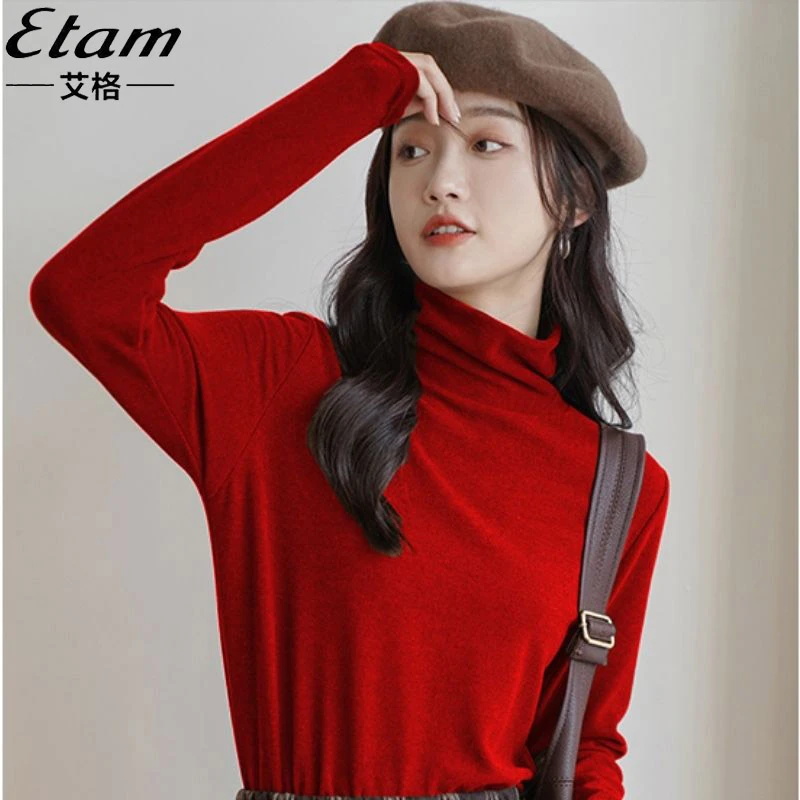 艾格德绒新款红色高领修身打底衫秋冬加绒加厚纯色长袖保暖上衣