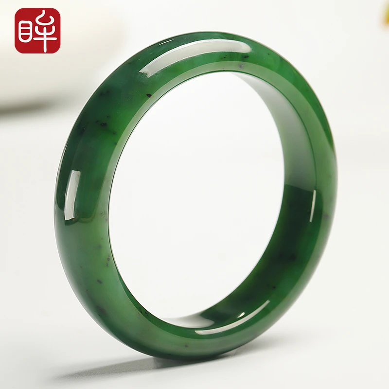 印象眸【微瑕】和田玉手镯 碧玉菠菜绿玉镯子平安镯 附证书NT礼物