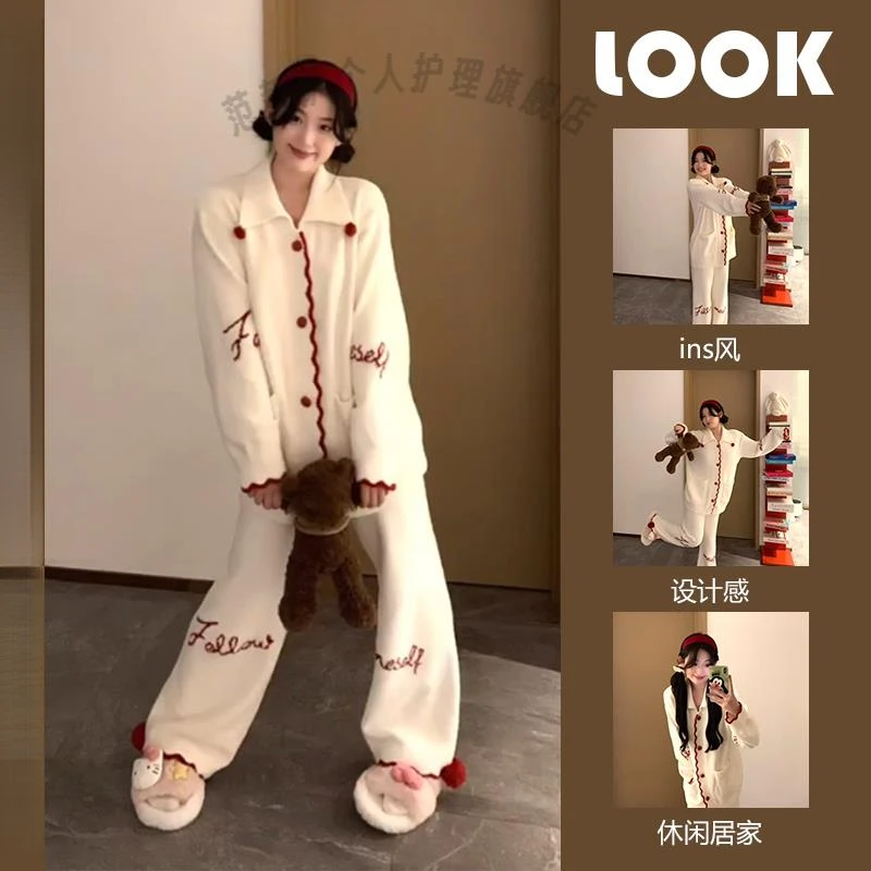 韩版可爱少女半边绒睡衣女冬季2024加绒加厚针织开衫长裤家居套装