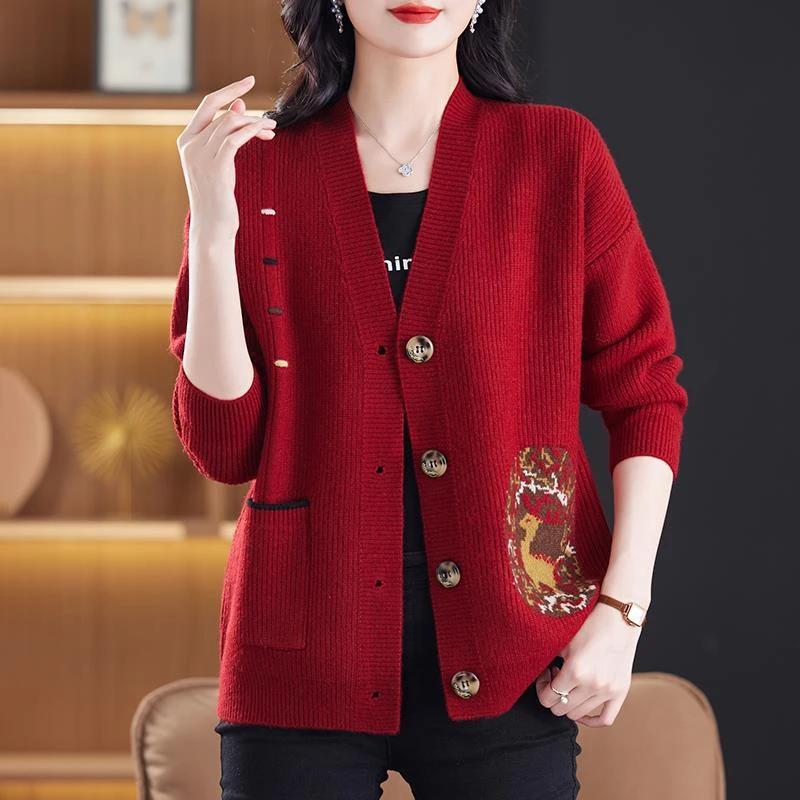 2024宽松早秋气质领小衫外搭时尚女针织衫秋冬开衫纯色弹力外套