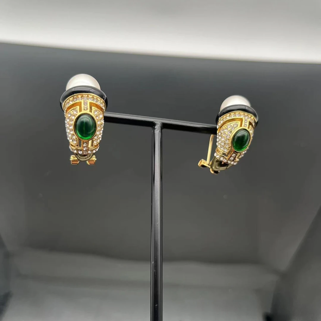 黄铜石英石耳饰 中古法式小众耳钉古风设计师镶嵌宫廷风气质