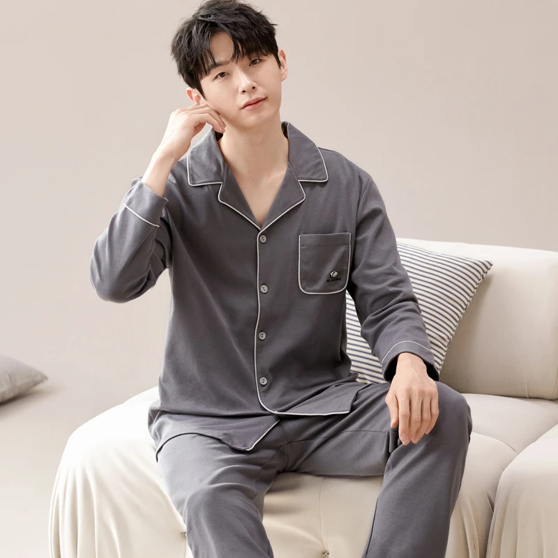 春秋季100%全棉长袖睡衣套装男纯棉夏冬天家居服开衫可外穿青少年