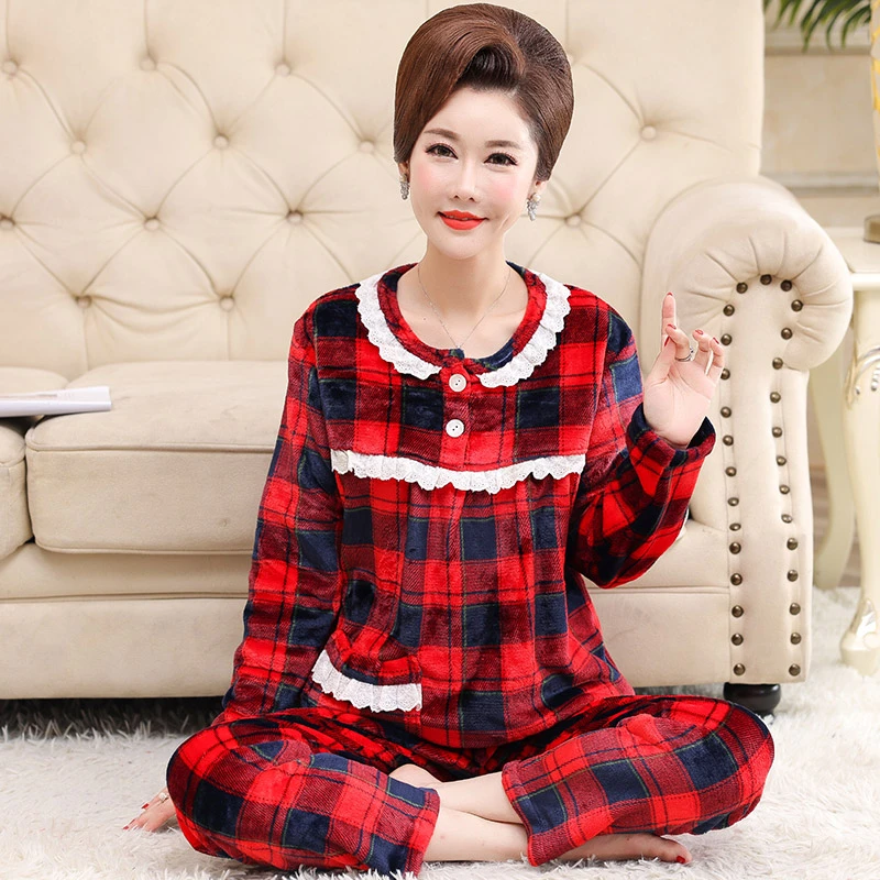 法兰绒秋冬季睡衣套装珊瑚绒加绒加厚家居服保暖中老年妈妈大码女