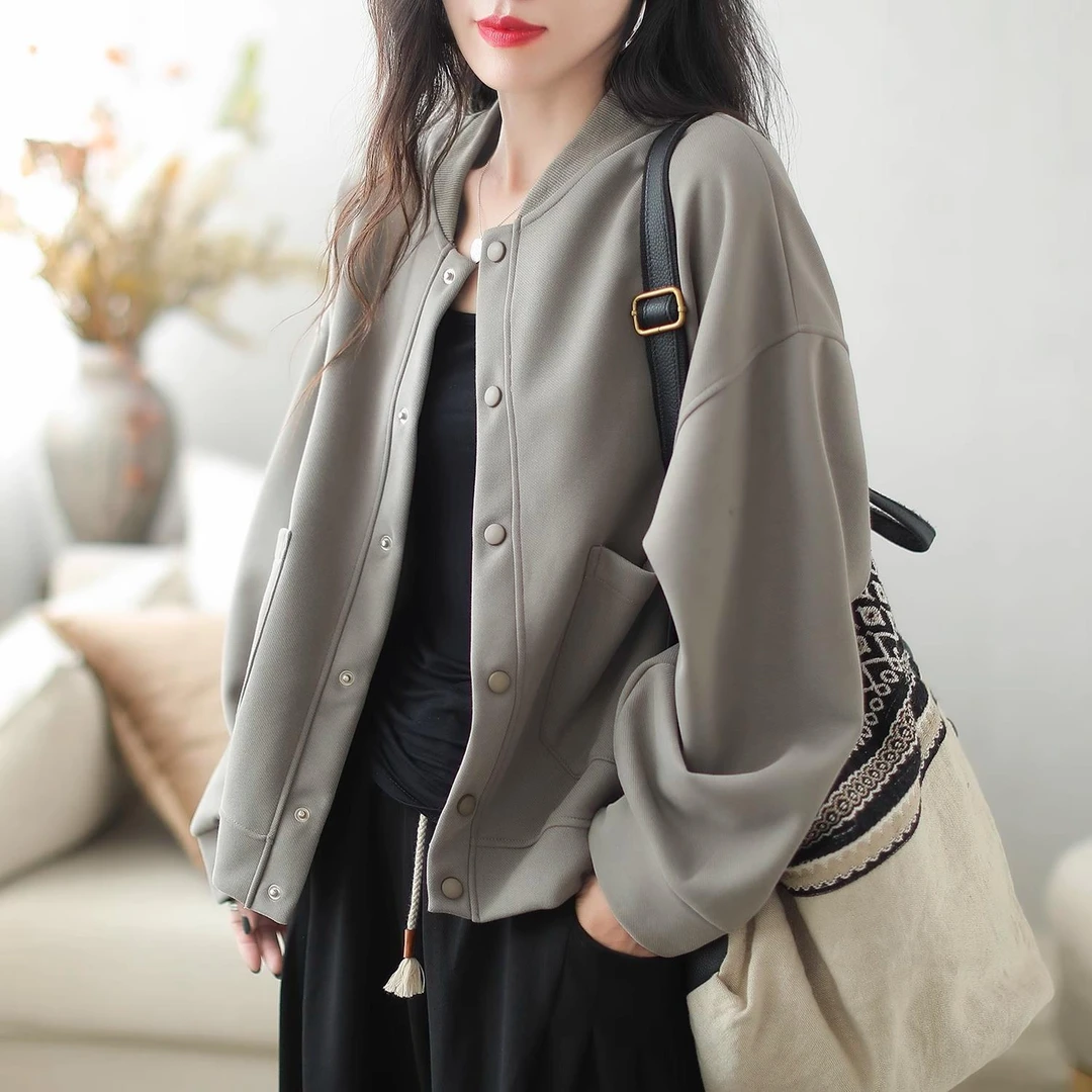 纯色简约女士棒球服卫衣春秋大码休闲百搭通勤长袖妈妈爆款短外套