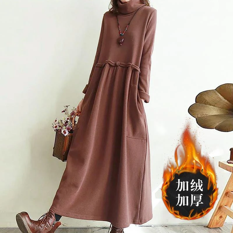 外贸原单品牌女装余单新款出口高领连衣裙女大摆长袖打底加绒长裙