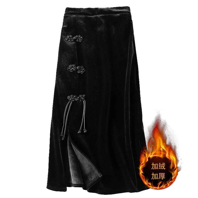 新中式国风盘扣开叉金丝绒半身裙女冬季加绒加厚气质新款潮牌女装