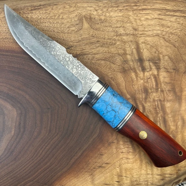 大马士革钢松石镶嵌多功能户外家用小刀