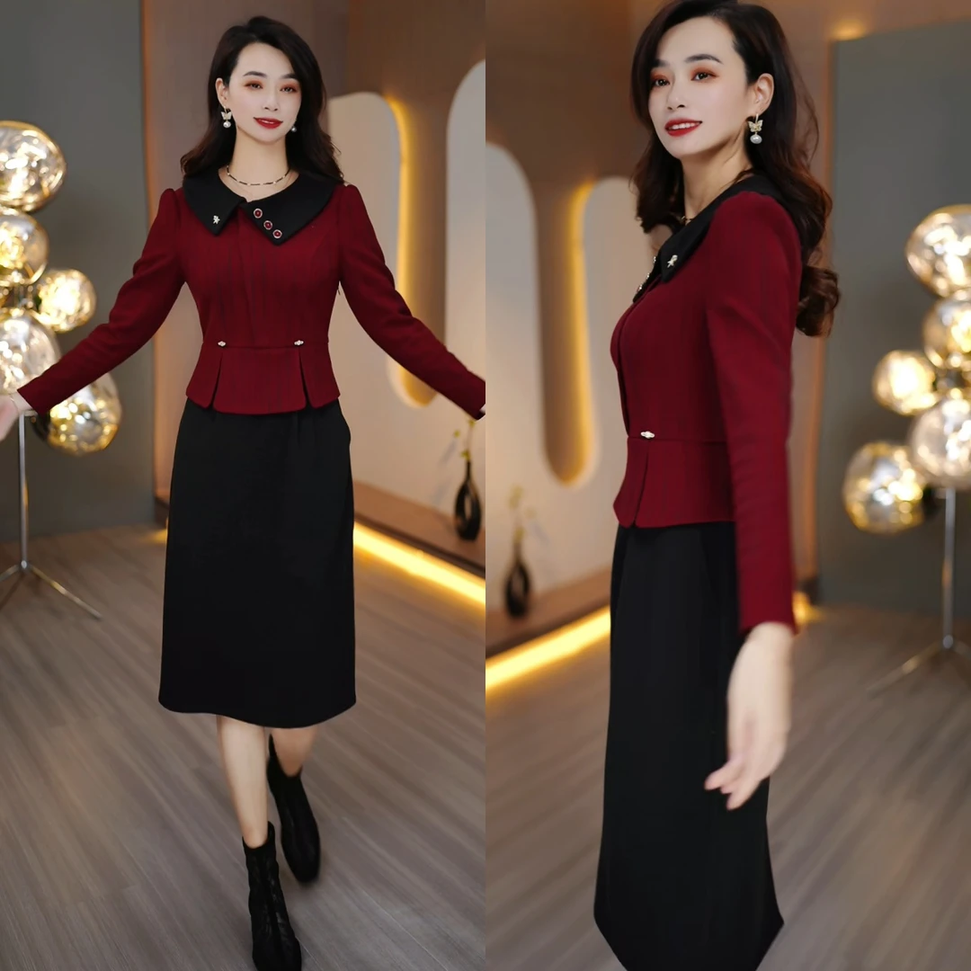 酒红端领 秋冬连衣裙假两件暗红酒红中长款气质显瘦中年品质女装