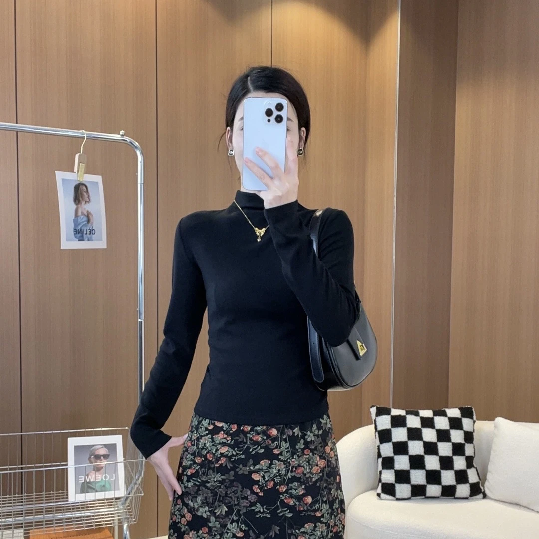 秋季新款半高领长袖气质百搭修身显瘦纯色打底衫上衣女