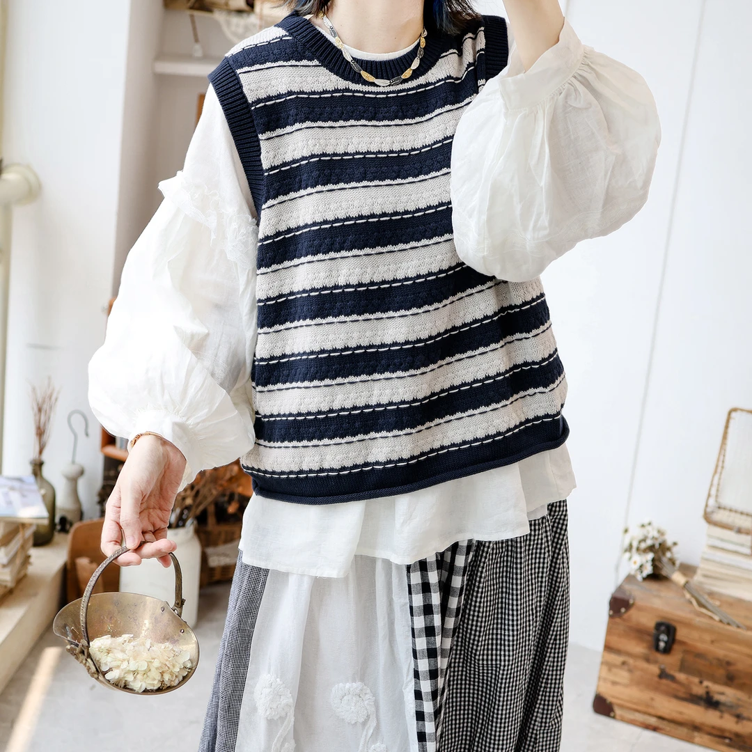 美村2024秋冬新款日系文艺圆领条纹纯棉线套头针织衫马甲上衣背心