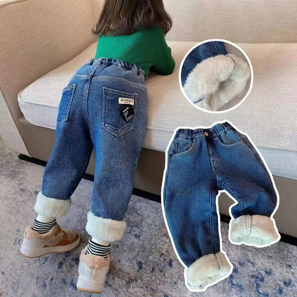 儿童加绒加厚裤子2023秋冬新款牛仔裤女童休闲洋气百搭棉裤