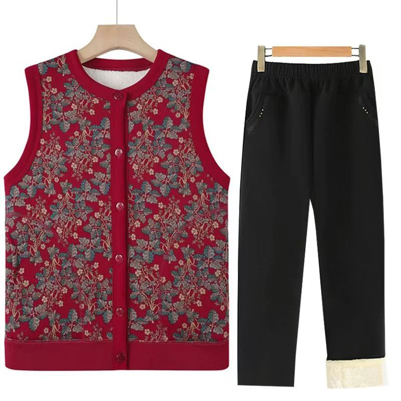 中老年人秋冬装马甲女妈妈加绒保暖坎肩背心奶奶碎花色老太太马夹