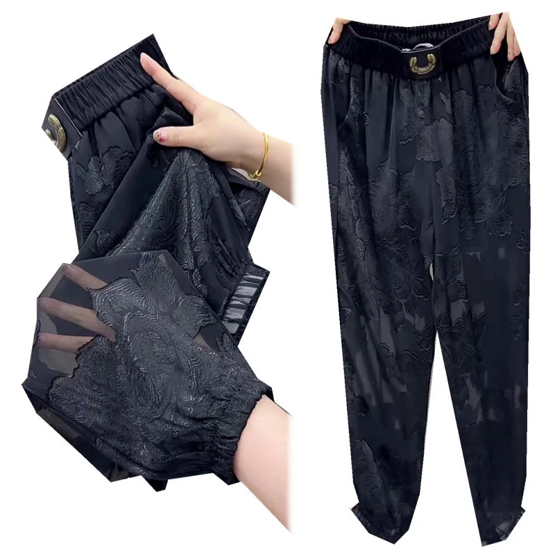 潮流夏凉裤夏季透气蕾丝抖抖裤百搭显瘦休闲时尚高腰九分哈伦裤