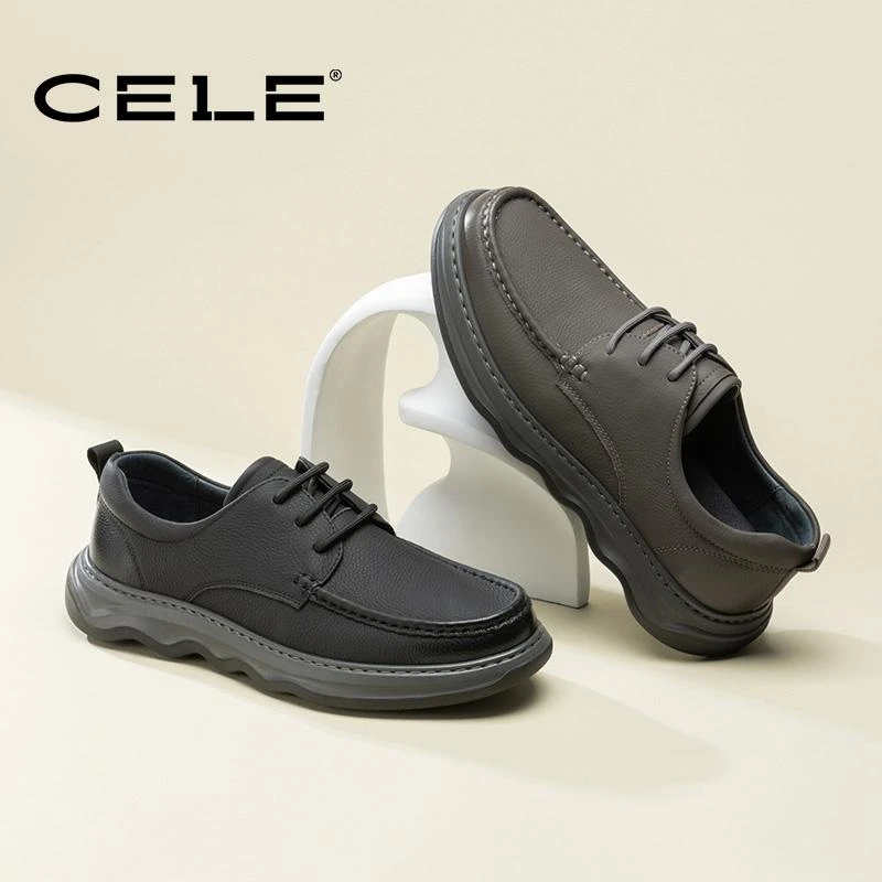 Cele策乐休闲皮鞋男真皮百搭软底通勤鞋子圆头系带中年父亲爸爸鞋