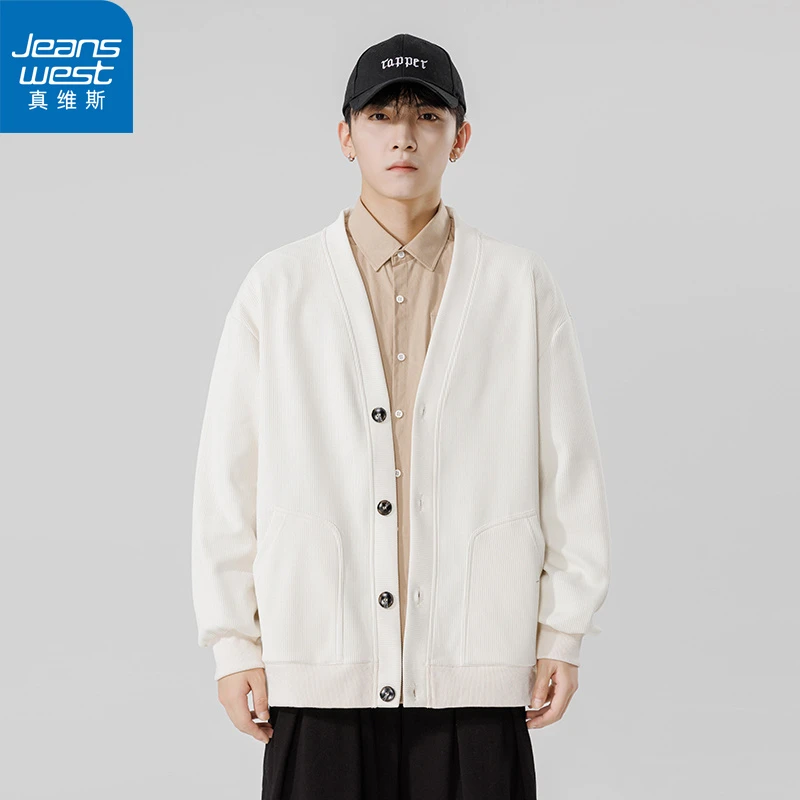 真维斯韩版潮流320g宽松针织衫男士秋冬新款潮牌休闲开衫V领外套