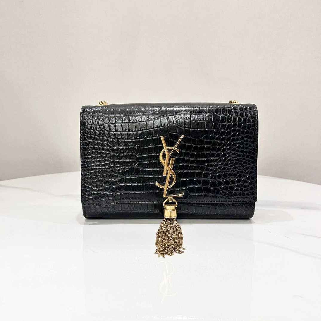 95新 YSL/圣罗兰 蔚蓝中古/小号 Kate 黑金 鳄压流苏链条包  98新