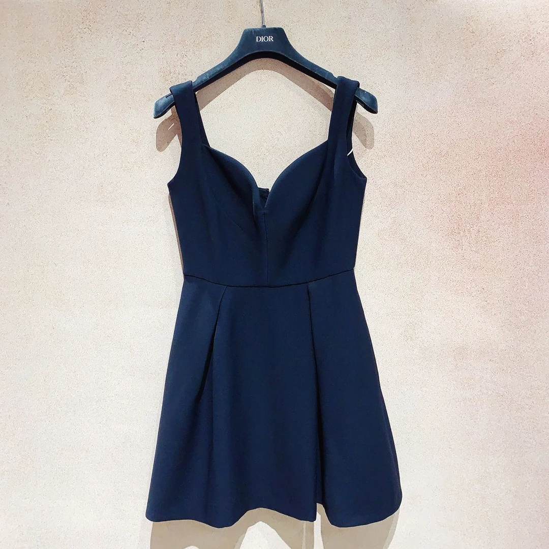 99新 DIOR/迪奥 蔚蓝/纯色V领收腰短款吊带连衣裙 36码